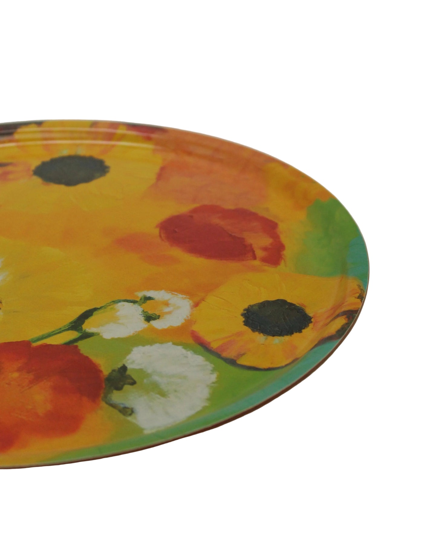 Rundt brett med fargerikt blomstermotiv i presset bjørkefinér, 35 cm diameter
