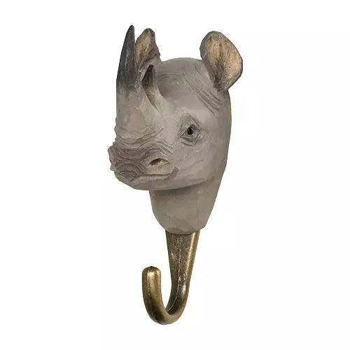 Neshorn-krok fra Wildlife Garden, en solid og håndlaget krok i tre og metall. Praktisk og dekorativ opphengsløsning med naturtro dyremotiv.