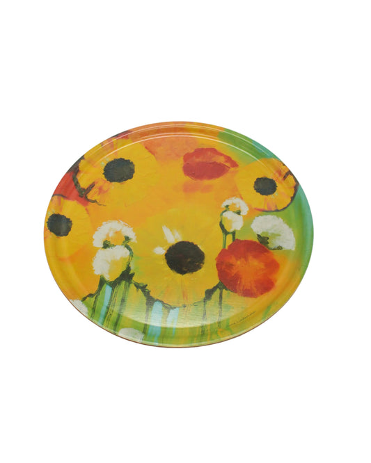 Rundt brett med fargerikt blomstermotiv i presset bjørkefinér, 35 cm diameter